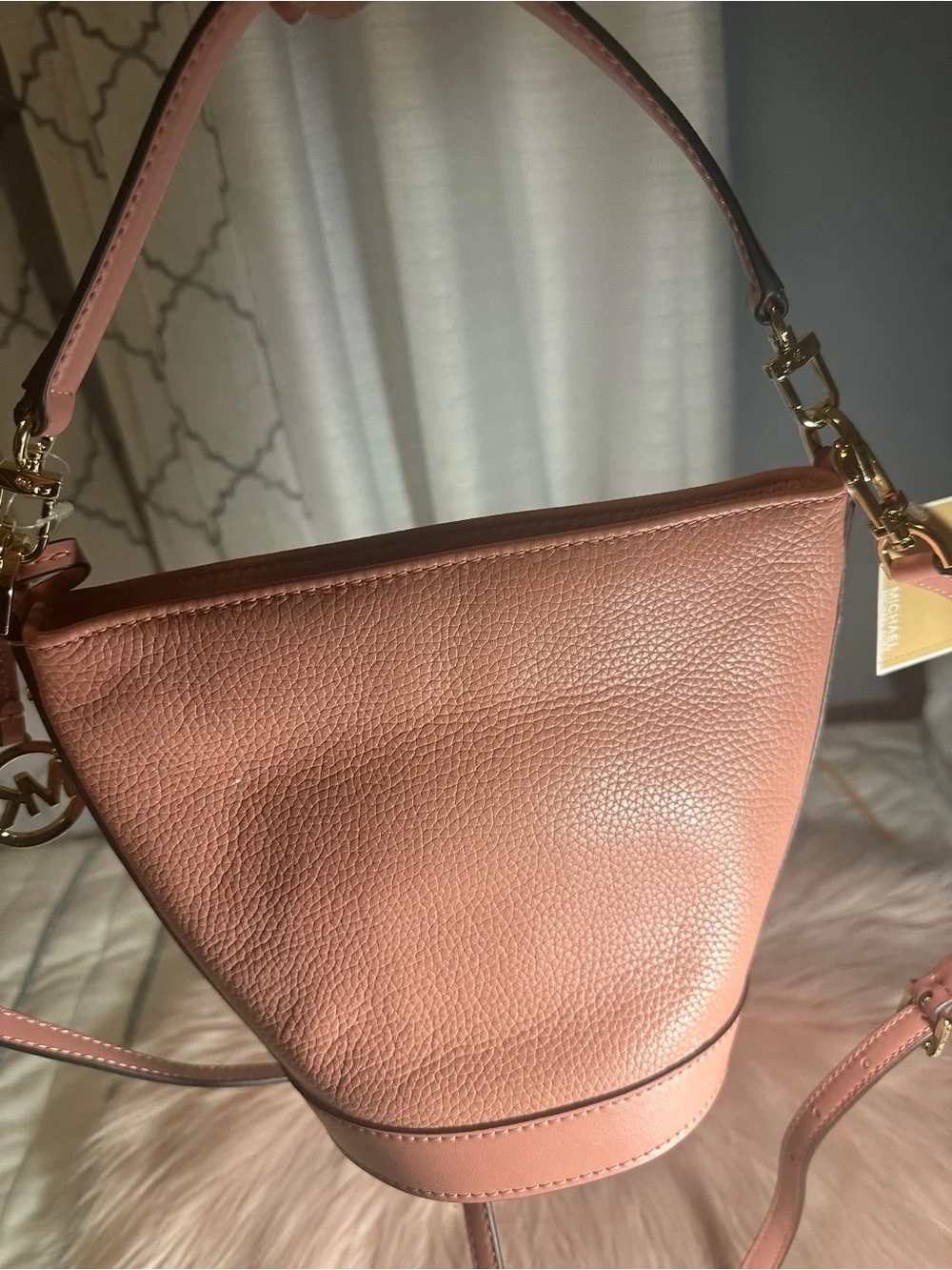 Michael Kors Rose Pink Leather Bucket Shoulder Bag with MK Charm